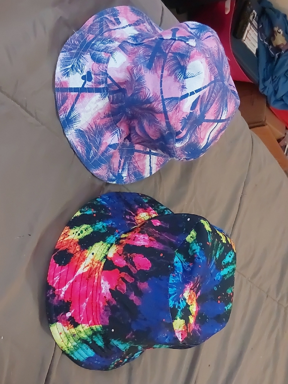 Tie-Dye Multicolor Bucket Hat + Pink Palm Print Bucket Hat - 2 Pack Reversible